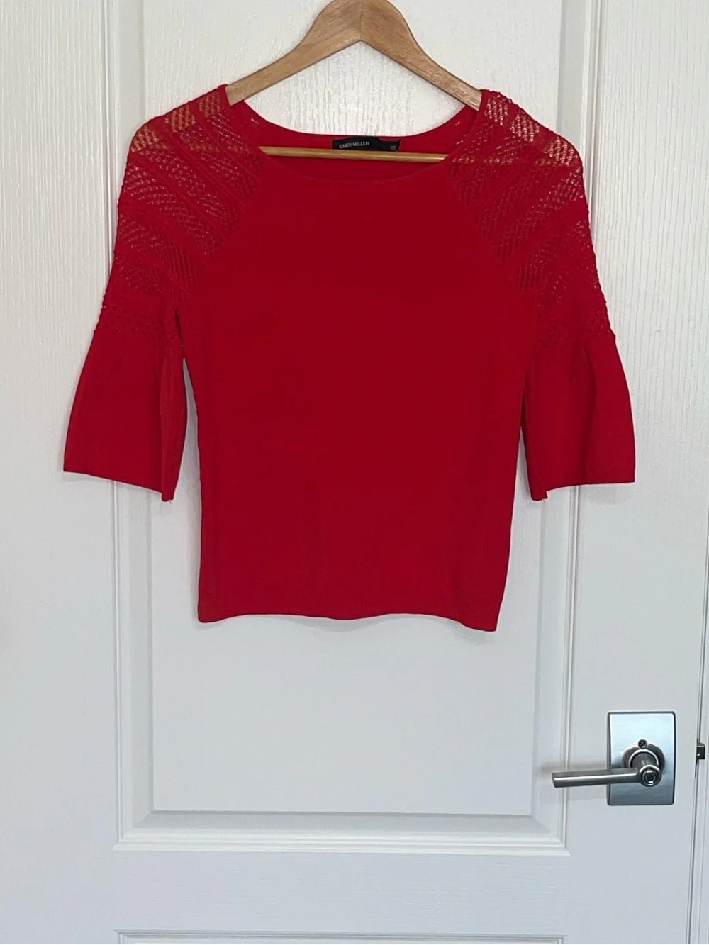 KAREN MILLEN Fluted Sleeve Dress Red Knit Sweater Lace Flared Sleeve Small - Picture 2 of 8